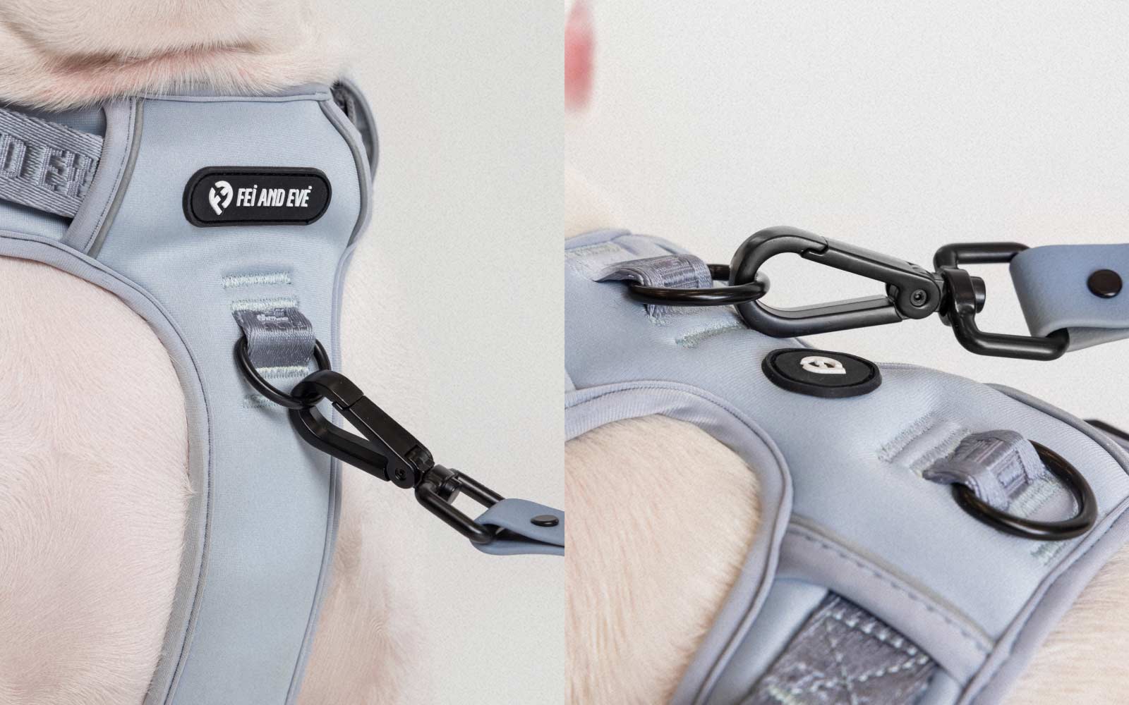 Close-ups of Fei and Eve Cloud MagEase harness in color dusk blue with a clip attached