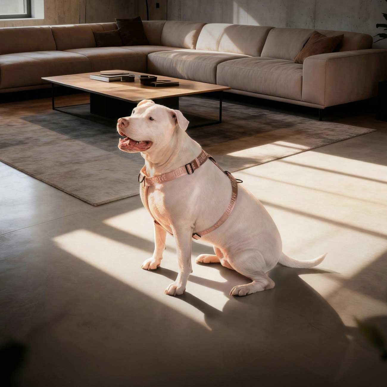 White dog wearing Fei and Eve Moxie MagEase Harness in color blush, sitting on a wooden floor in a modern living room with a sectional sofa and coffee table.