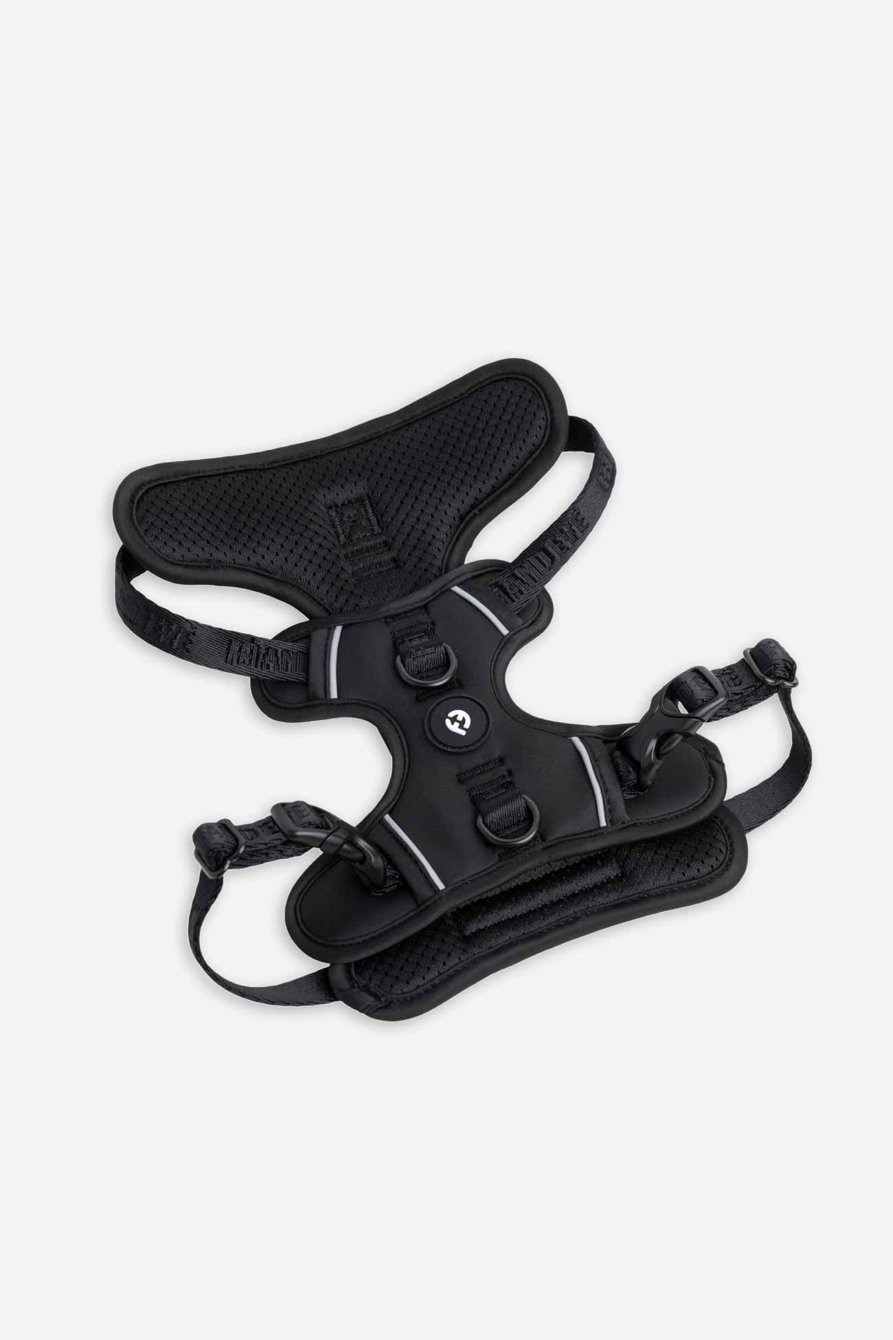 Black Cloud Harness with Traditional Buckles laying flat on white floor