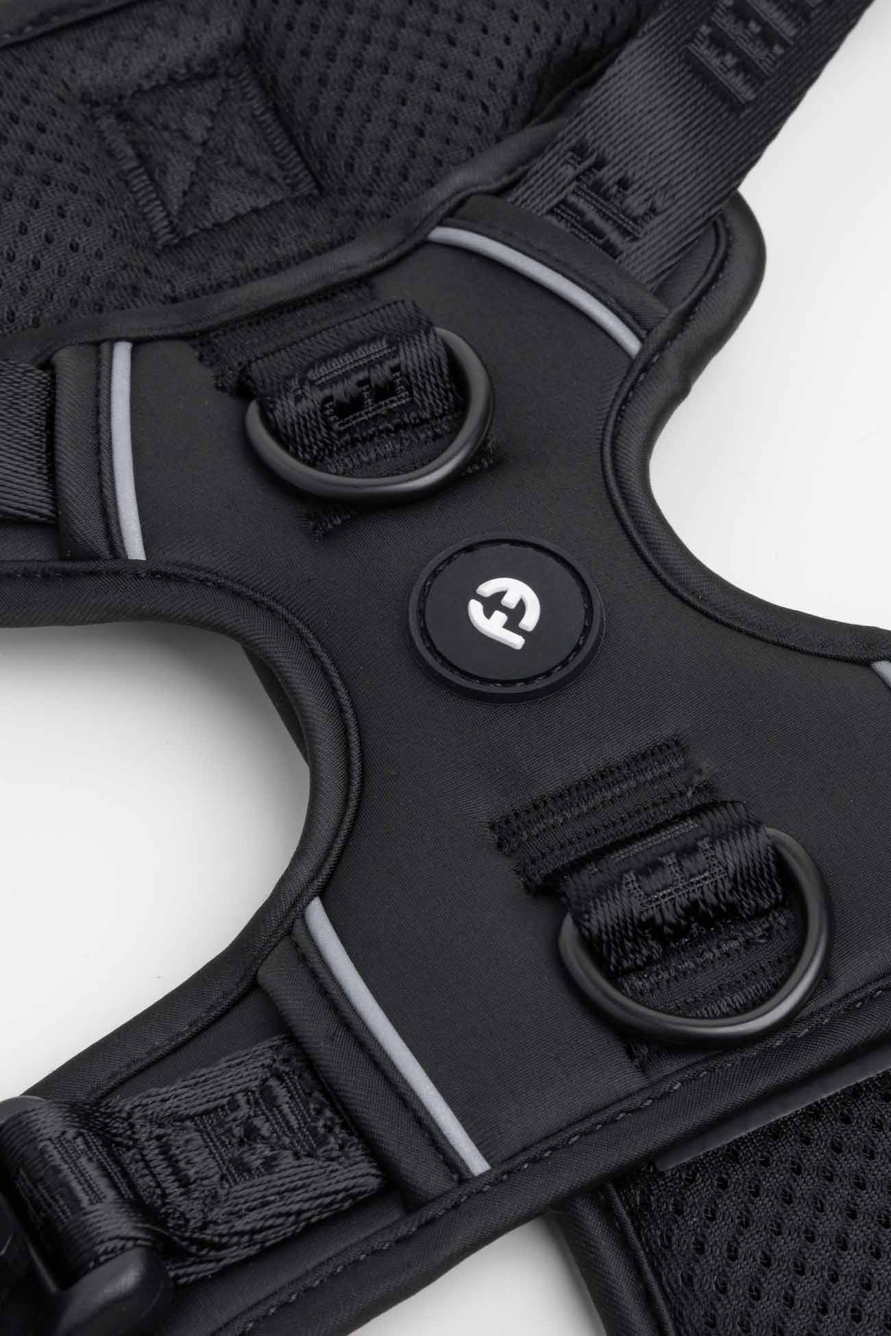 Black Cloud Harness with MagEase Buckles Close-up of a dog harness with adjustable straps and 2 leash points