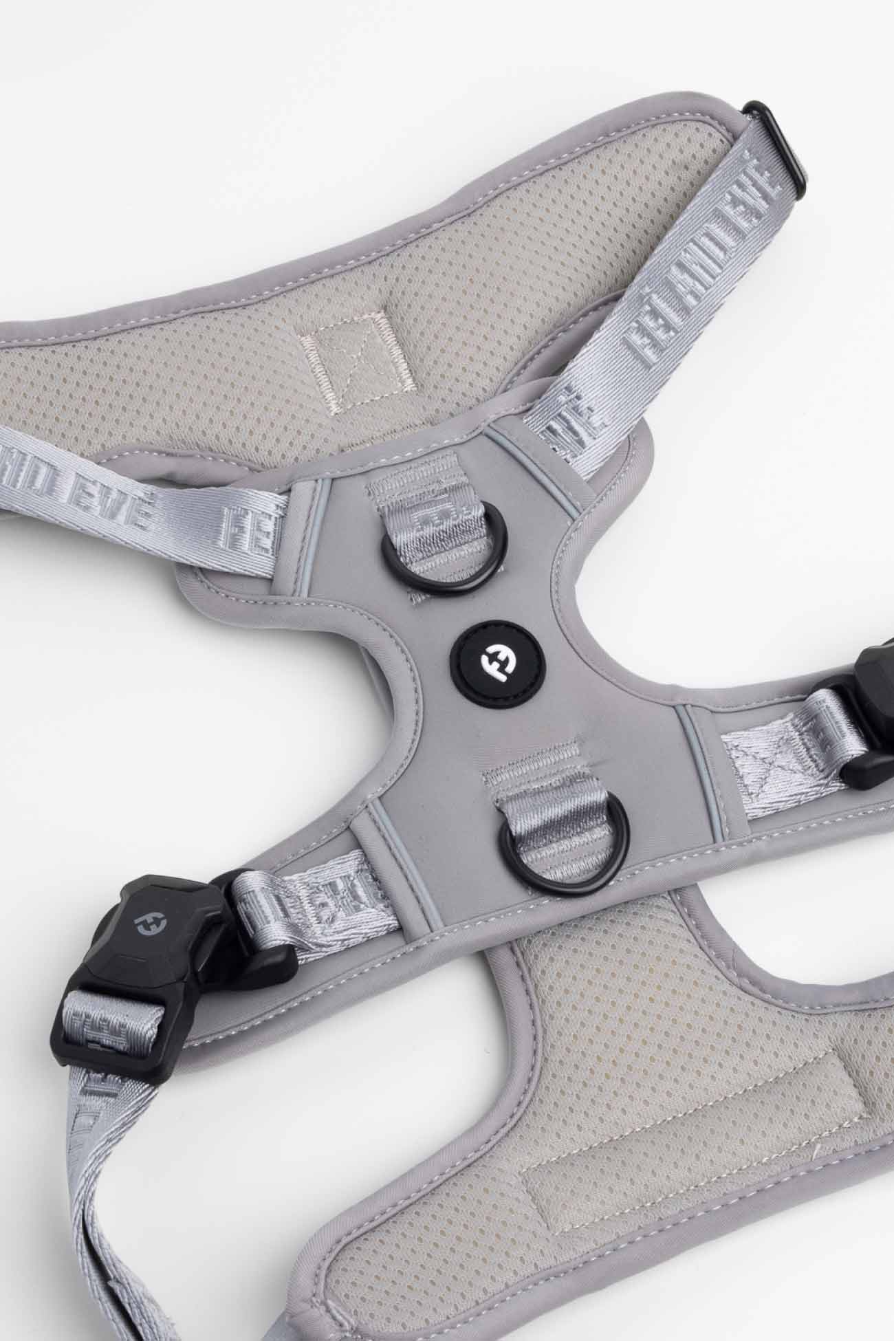 Twilight Gray Cloud Harness with MagEase Buckles Close-up of a dog harness with adjustable straps and 2 leash points