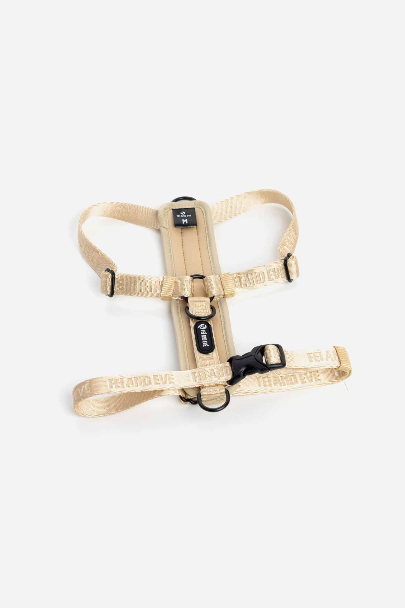 Champagne Moxie Harness with Traditional Buckles in size Medium for dogs on a white background.