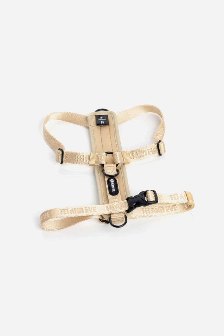 Champagne Moxie Harness with Traditional Buckles in size Medium for dogs on a white background.
