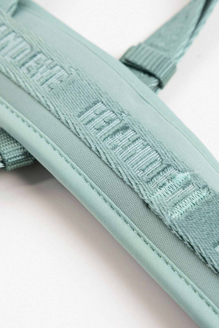 Glacier Green Moxie Harness close-up of a green dog harness strap with Fei and Eve textured pattern 