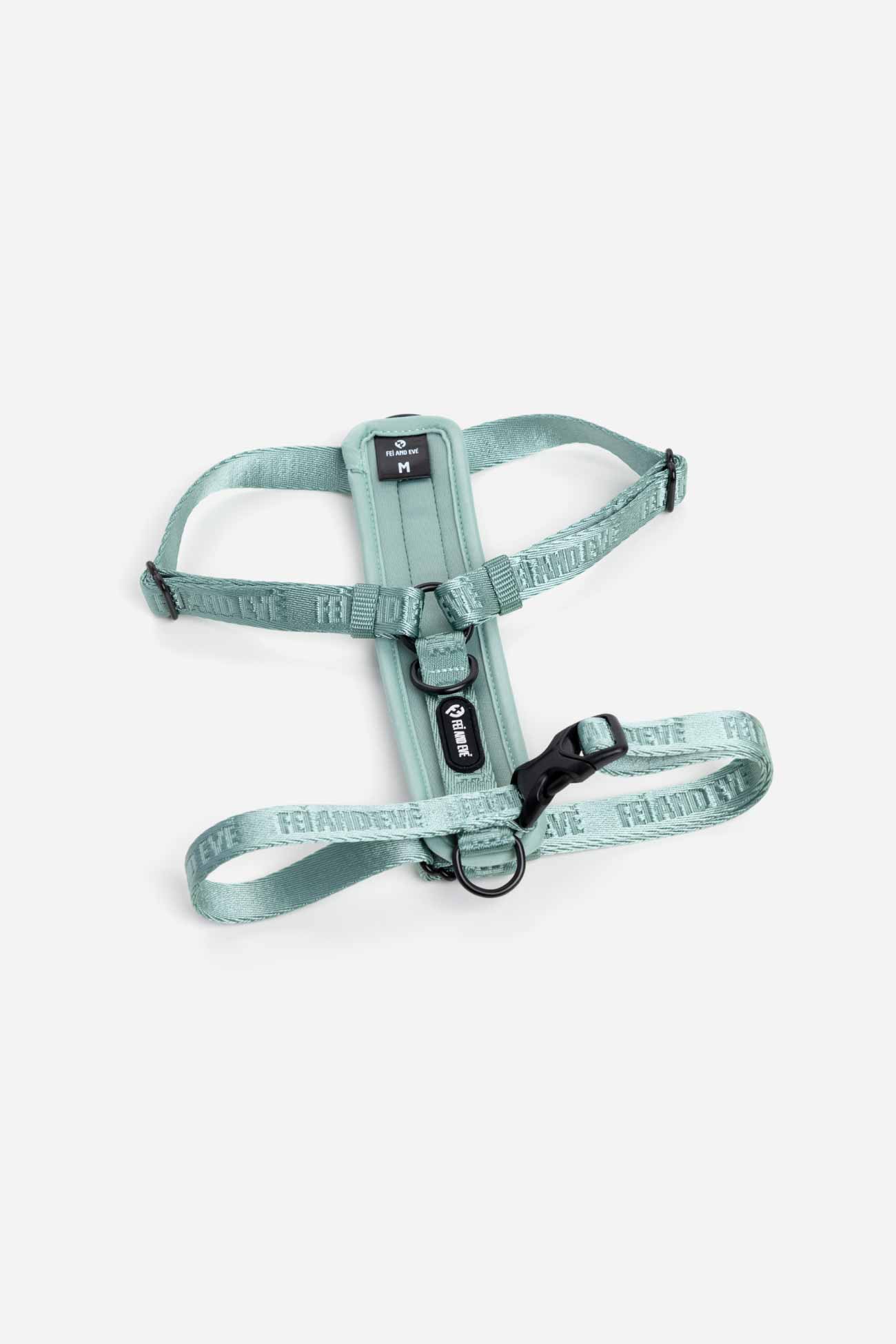 Glacier Green Moxie Harness with Traditional Buckles in size Medium for dogs on a white background.