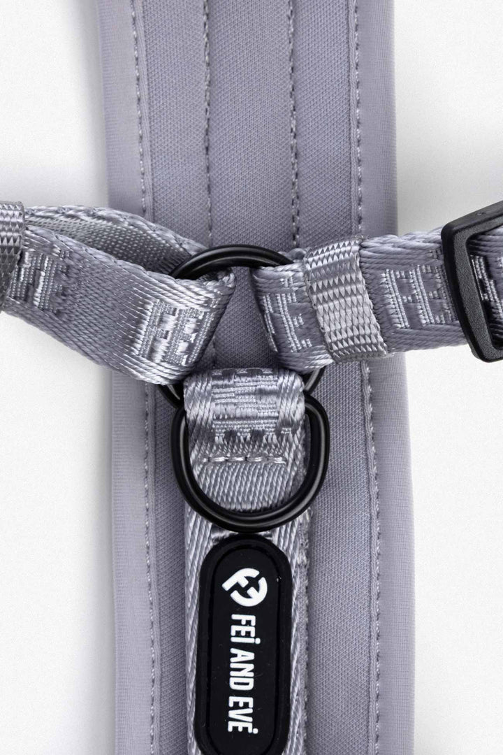 Twilight Gray Moxie Harness close-up of a gray dog harness with black buckles and 'FEI AND EVE' branding