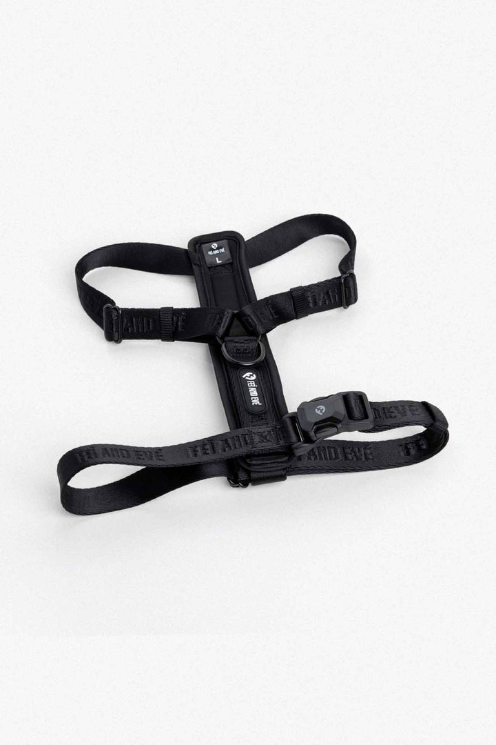 Black Moxie Harness with MagEase Buckles in size Large for dogs on a white background.