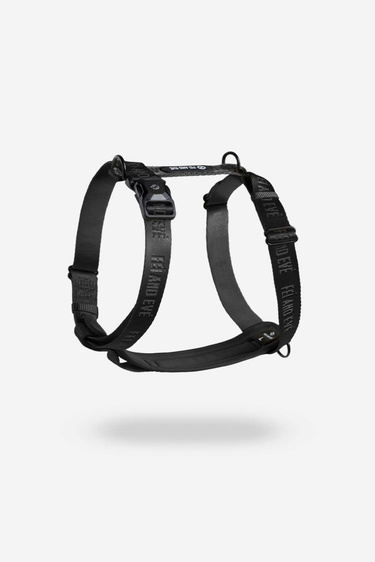 Black Moxie Harness with MagEase Buckles a dog harness with brand name Fei and Eve showcased on a white background