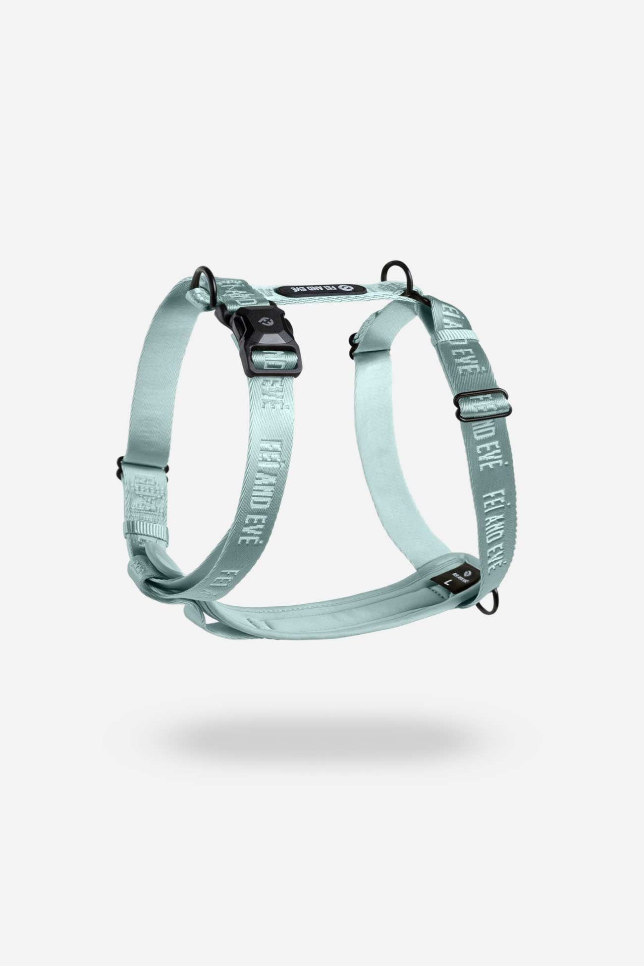 Glacier Green Moxie Harness with MagEase Buckles a dog harness with brand name Fei and Eve showcased on a white background