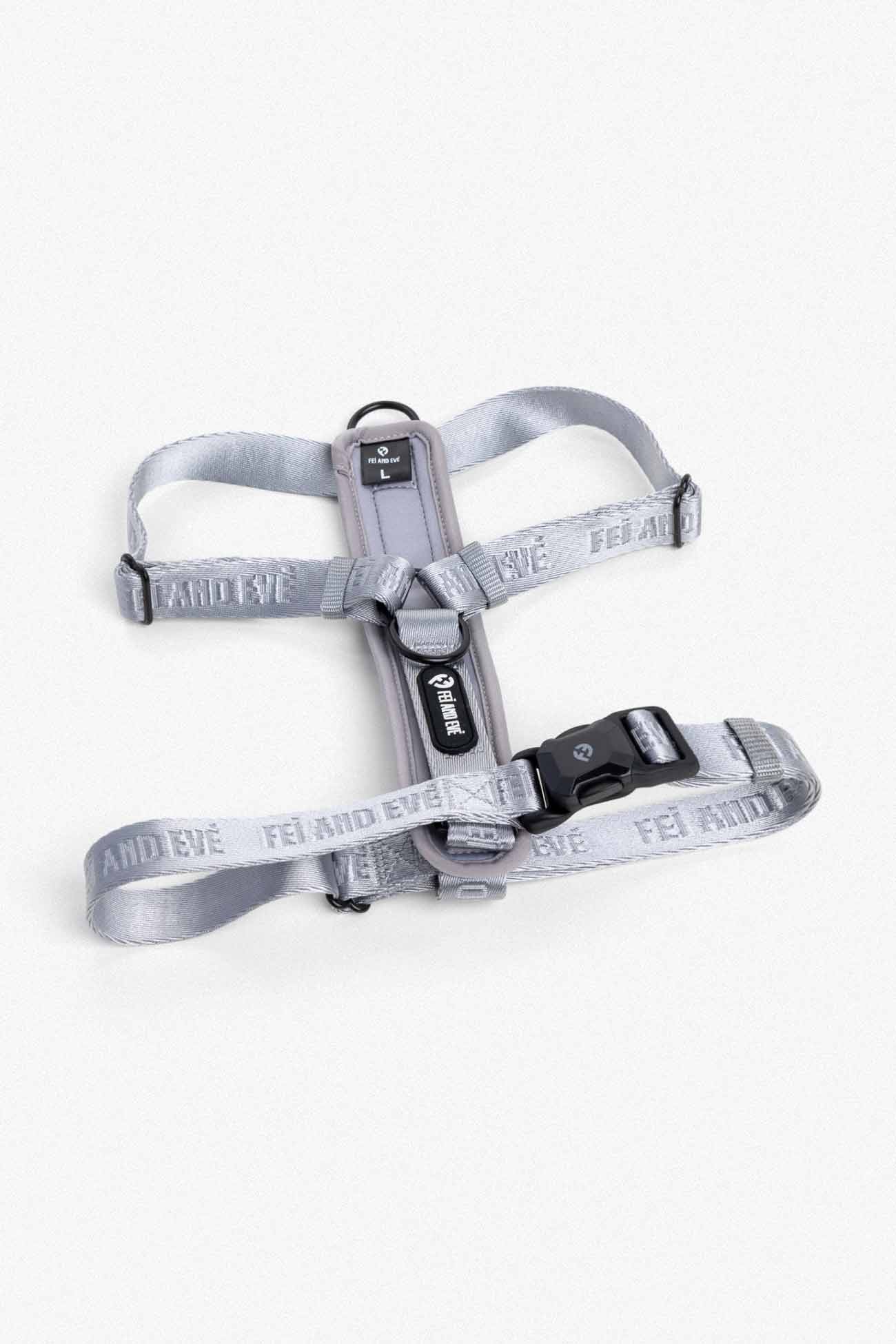 Twilight Gray Moxie Harness with MagEase Buckles in size Large for dogs on a white background.