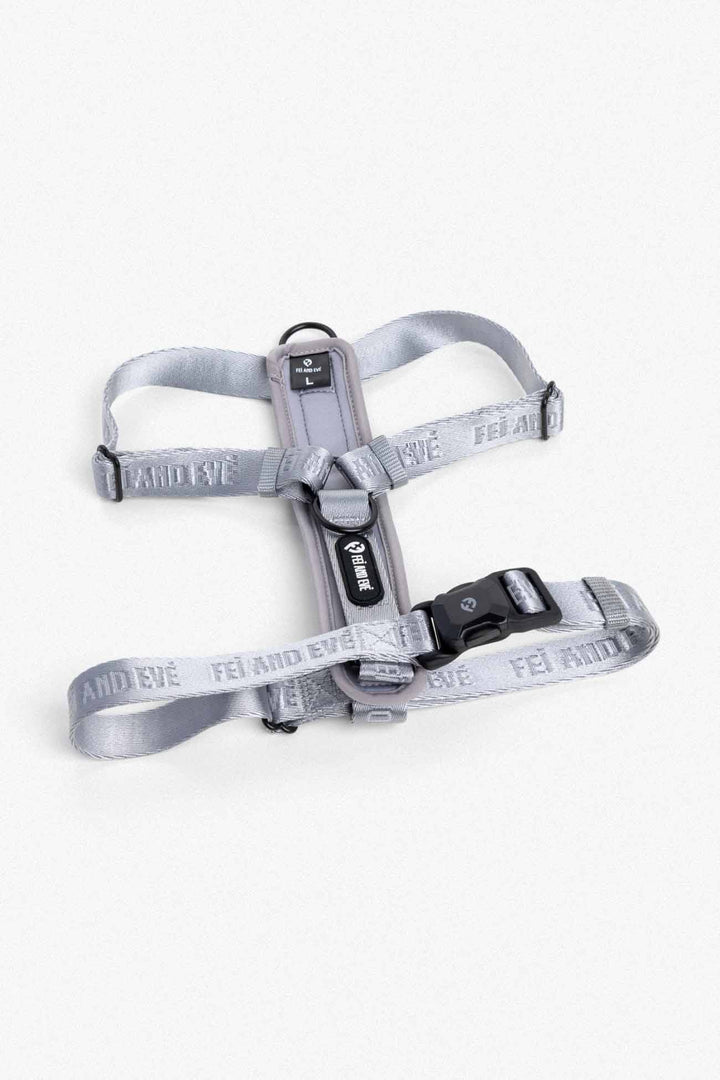 Twilight Gray Moxie Harness with MagEase Buckles in size Large for dogs on a white background.
